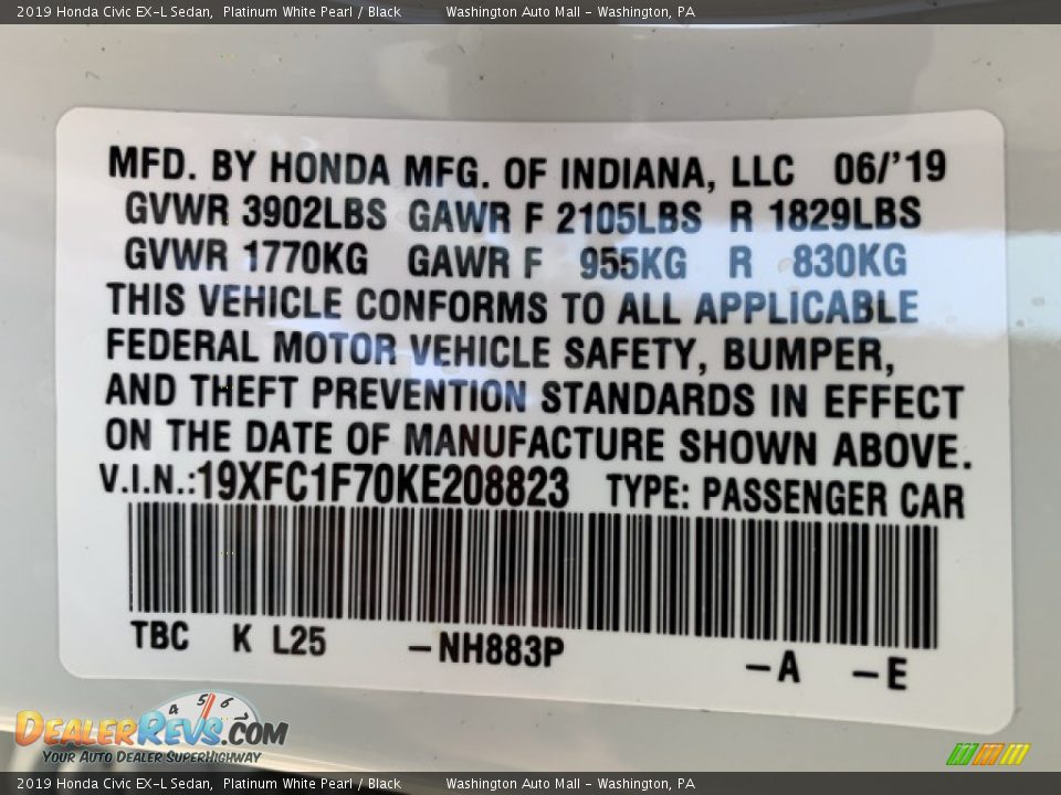 2019 Honda Civic EX-L Sedan Platinum White Pearl / Black Photo #9