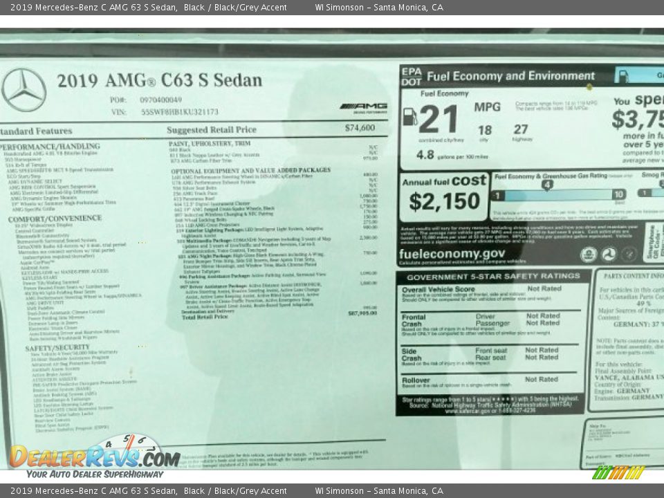 2019 Mercedes-Benz C AMG 63 S Sedan Window Sticker Photo #10