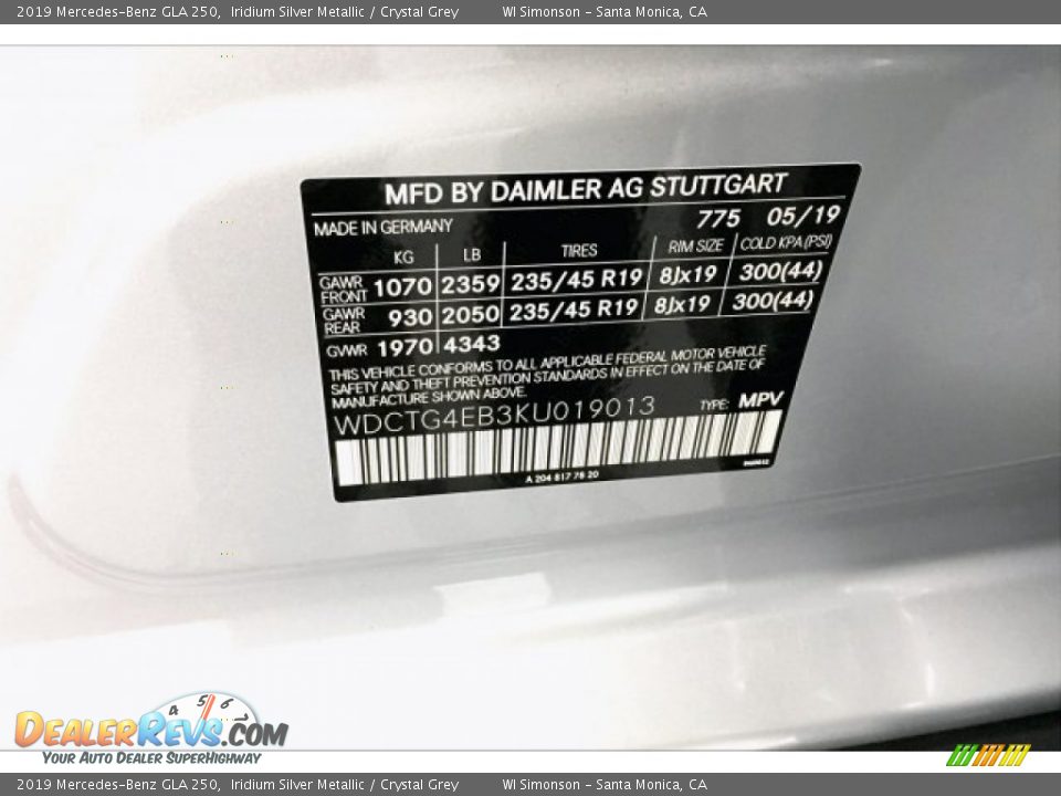 2019 Mercedes-Benz GLA 250 Iridium Silver Metallic / Crystal Grey Photo #11