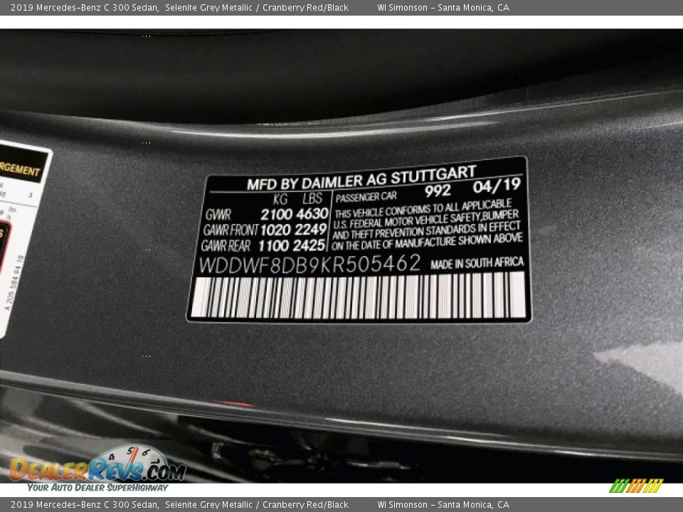 2019 Mercedes-Benz C 300 Sedan Selenite Grey Metallic / Cranberry Red/Black Photo #11