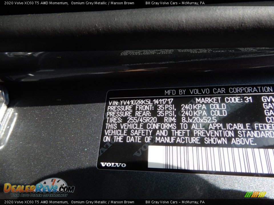 2020 Volvo XC60 T5 AWD Momentum Osmium Grey Metallic / Maroon Brown Photo #11