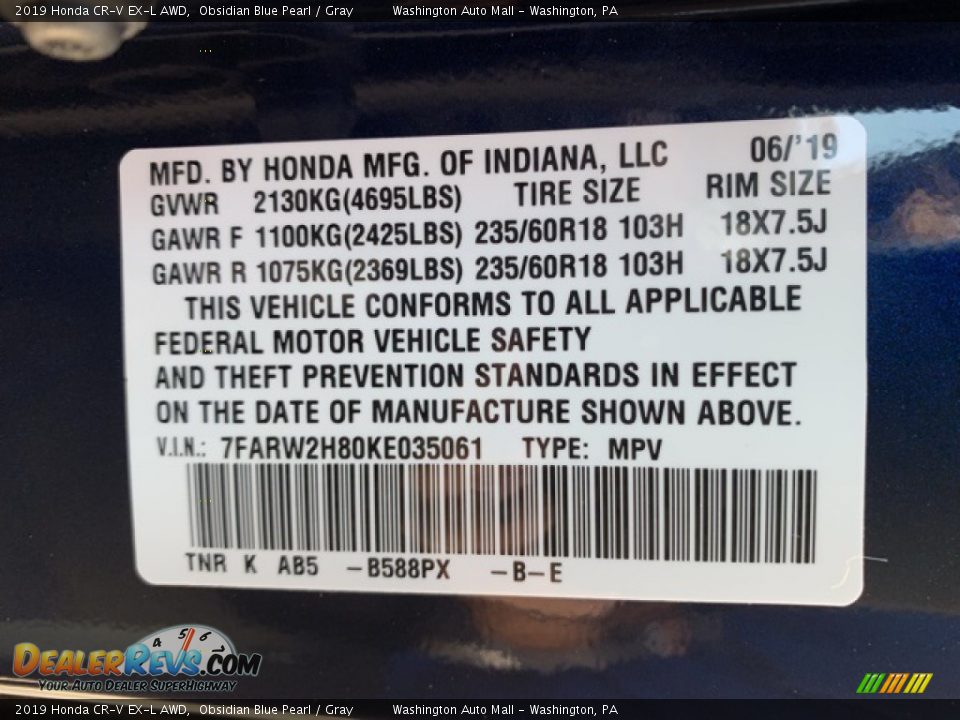 2019 Honda CR-V EX-L AWD Obsidian Blue Pearl / Gray Photo #9