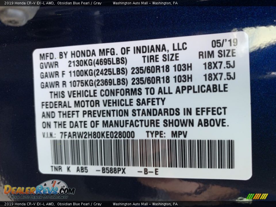 2019 Honda CR-V EX-L AWD Obsidian Blue Pearl / Gray Photo #9