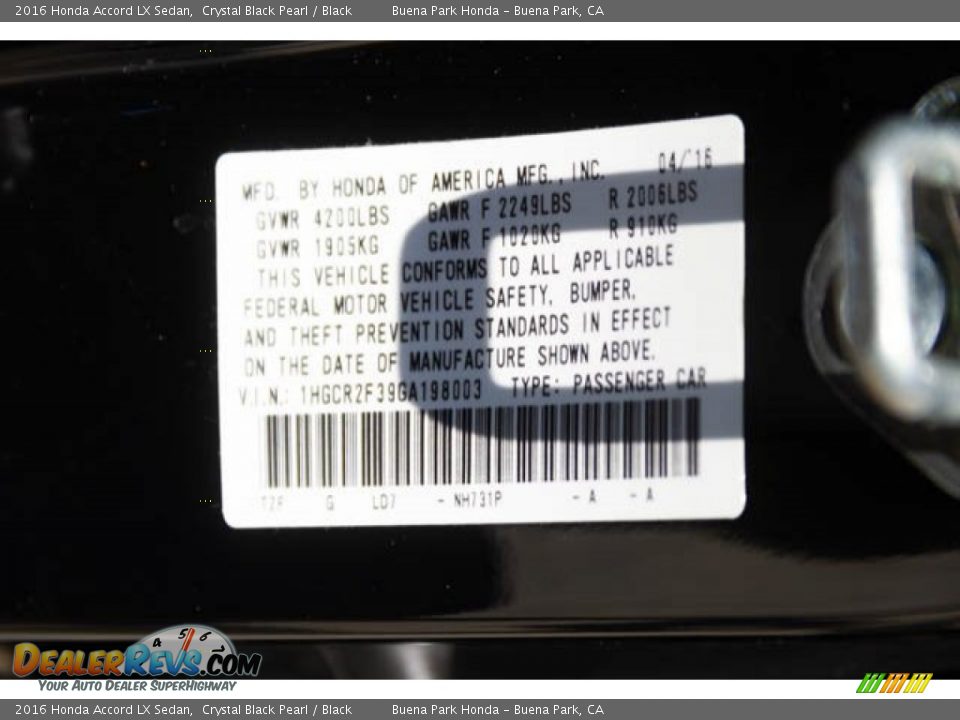 2016 Honda Accord LX Sedan Crystal Black Pearl / Black Photo #36