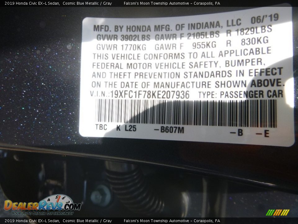 2019 Honda Civic EX-L Sedan Cosmic Blue Metallic / Gray Photo #12
