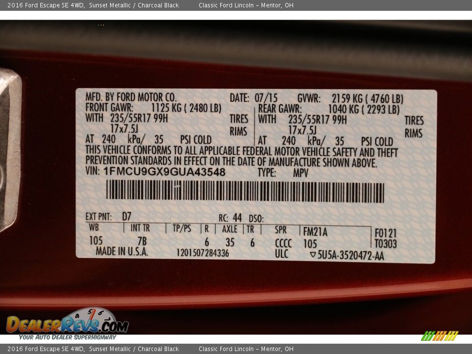 2016 Ford Escape SE 4WD Sunset Metallic / Charcoal Black Photo #20