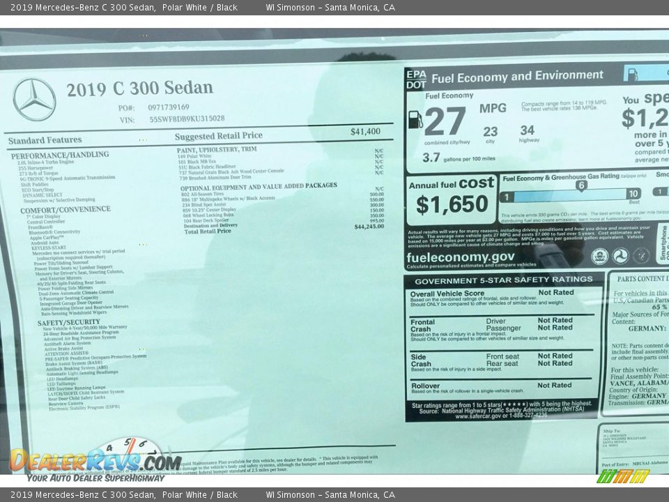 2019 Mercedes-Benz C 300 Sedan Polar White / Black Photo #11