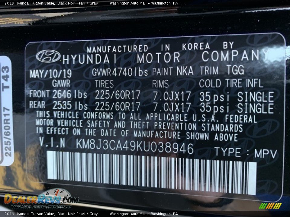 2019 Hyundai Tucson Value Black Noir Pearl / Gray Photo #10