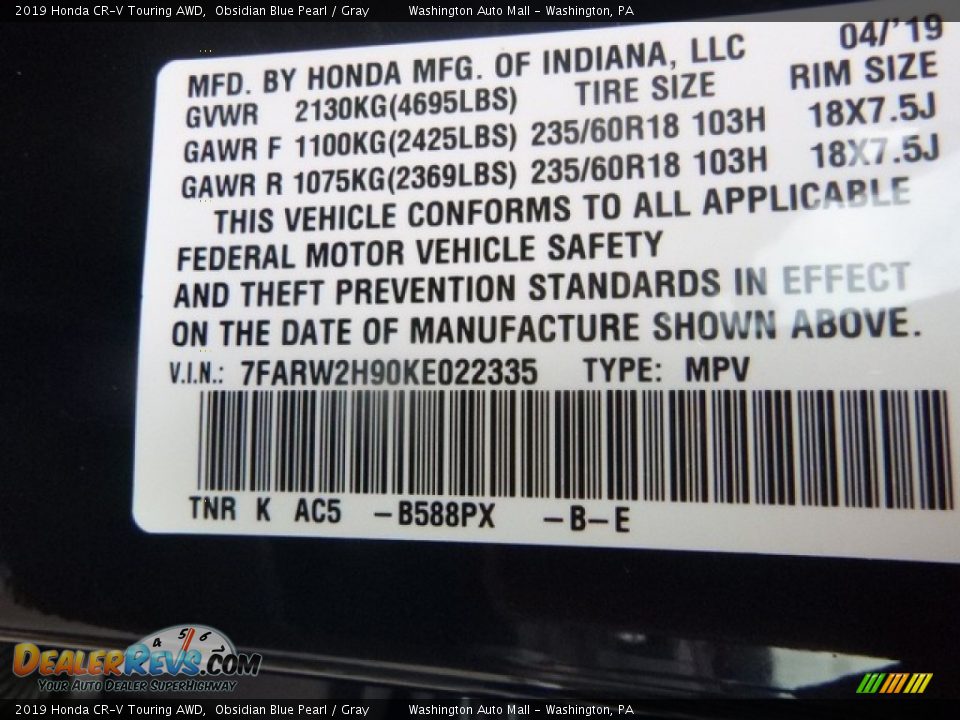 2019 Honda CR-V Touring AWD Obsidian Blue Pearl / Gray Photo #12