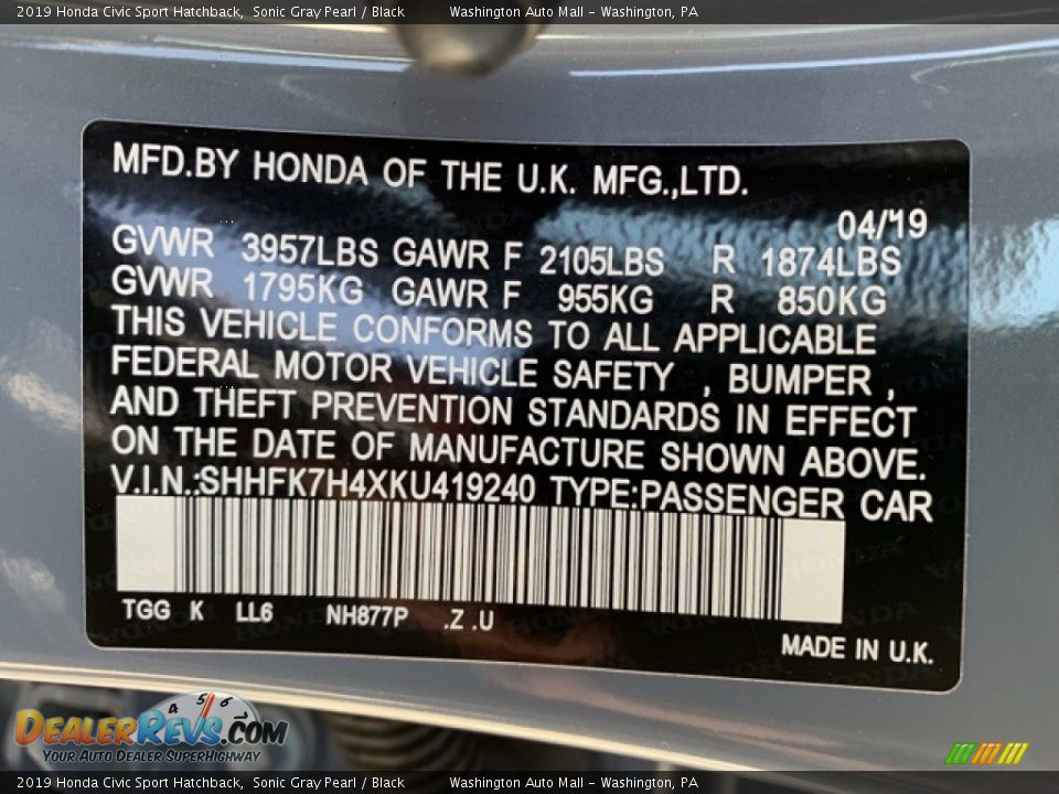 2019 Honda Civic Sport Hatchback Sonic Gray Pearl / Black Photo #9