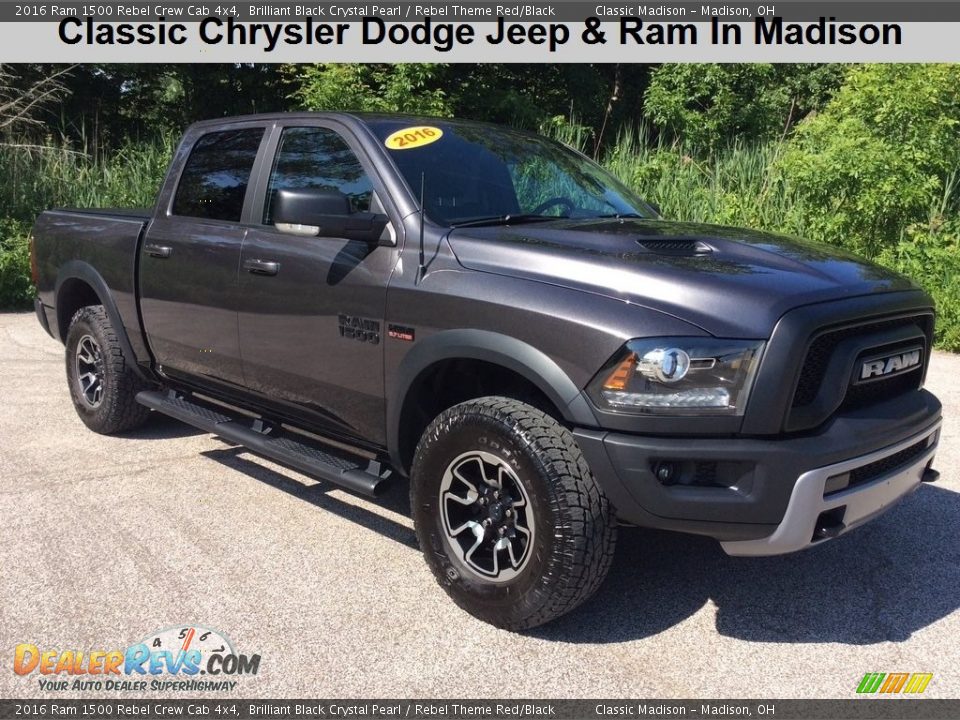 2016 Ram 1500 Rebel Crew Cab 4x4 Brilliant Black Crystal Pearl / Rebel Theme Red/Black Photo #1