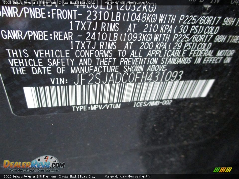 2015 Subaru Forester 2.5i Premium Crystal Black Silica / Gray Photo #19