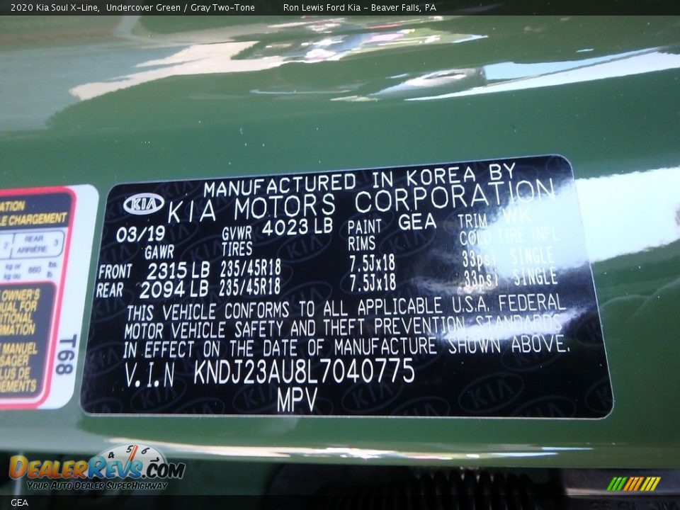 Kia Color Code GEA Undercover Green