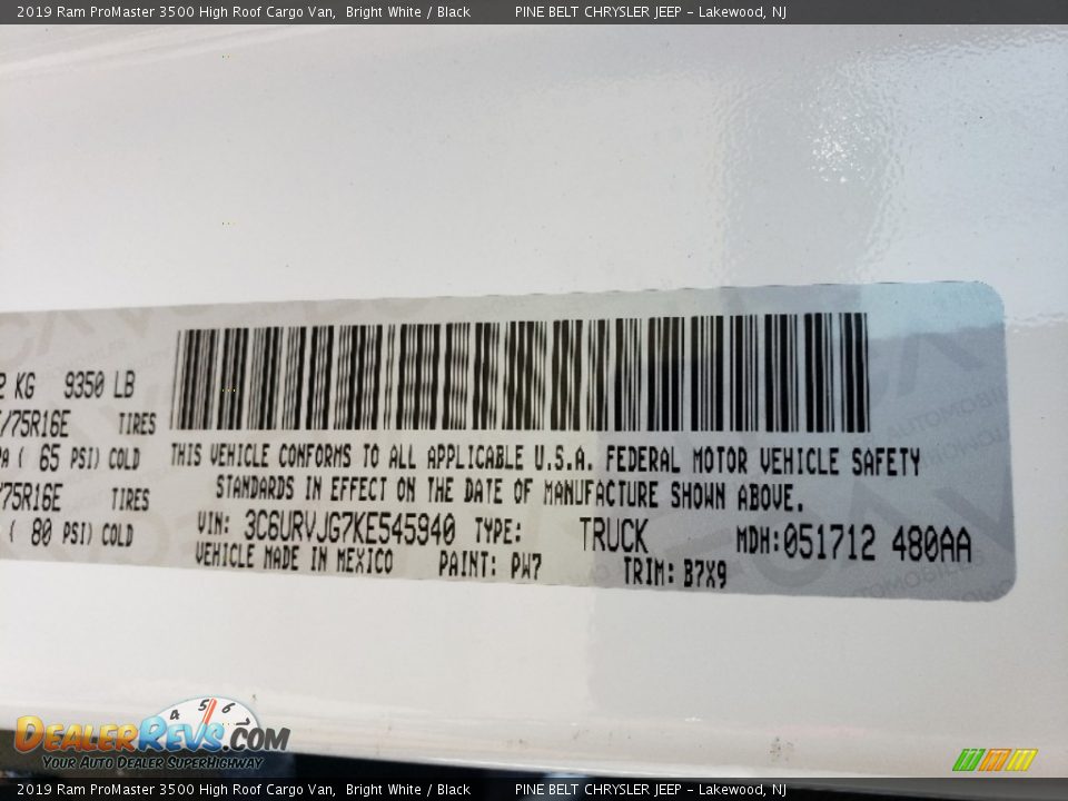 2019 Ram ProMaster 3500 High Roof Cargo Van Bright White / Black Photo #10