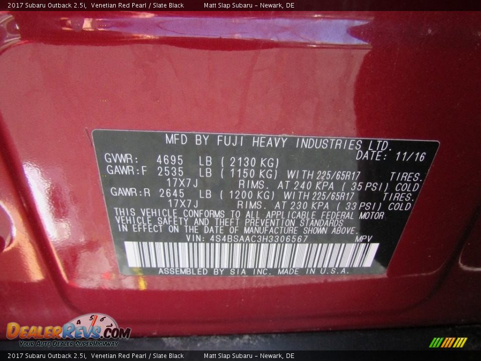2017 Subaru Outback 2.5i Venetian Red Pearl / Slate Black Photo #29