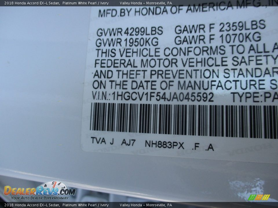 2018 Honda Accord EX-L Sedan Platinum White Pearl / Ivory Photo #19