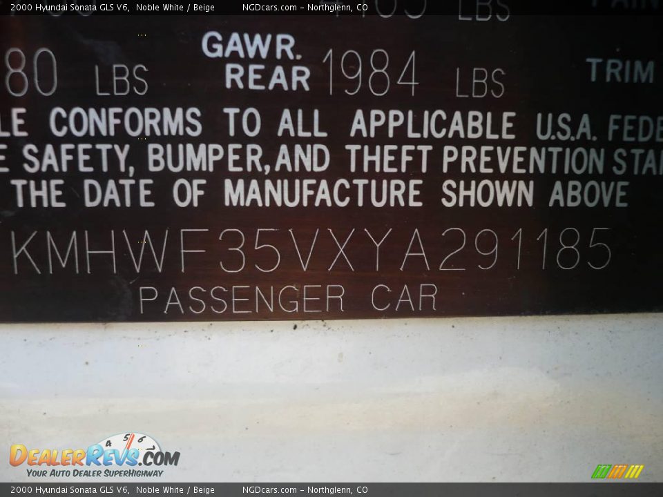 2000 Hyundai Sonata GLS V6 Noble White / Beige Photo #13