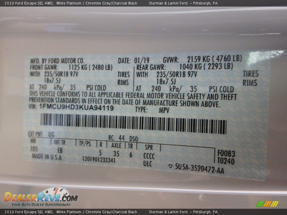 2019 Ford Escape SEL 4WD White Platinum / Chromite Gray/Charcoal Black Photo #11