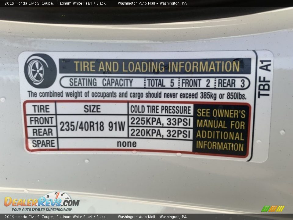2019 Honda Civic Si Coupe Platinum White Pearl / Black Photo #8