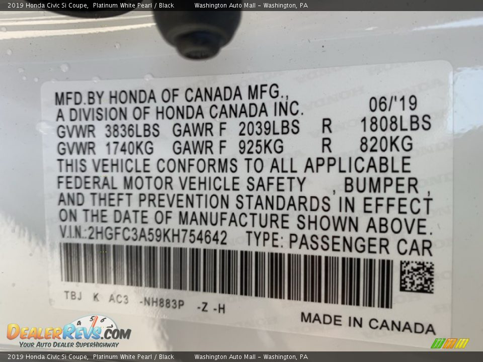 2019 Honda Civic Si Coupe Platinum White Pearl / Black Photo #9