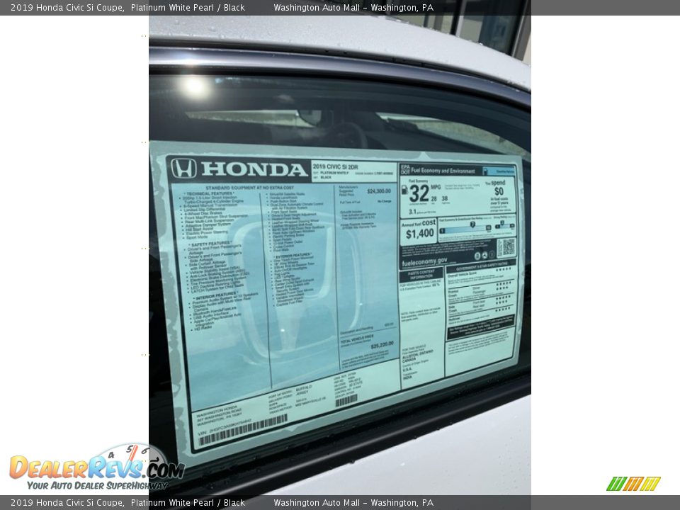 2019 Honda Civic Si Coupe Platinum White Pearl / Black Photo #19