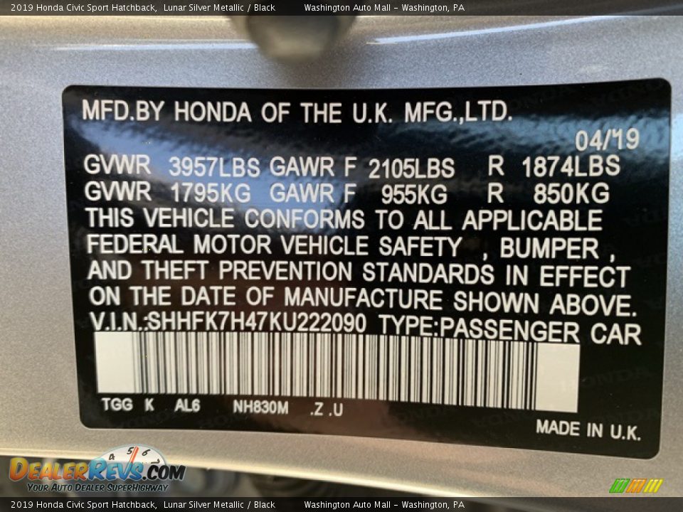 2019 Honda Civic Sport Hatchback Lunar Silver Metallic / Black Photo #9