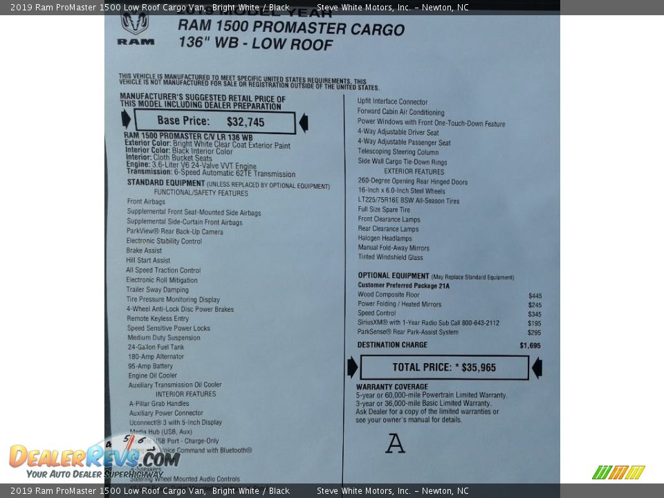 2019 Ram ProMaster 1500 Low Roof Cargo Van Bright White / Black Photo #29