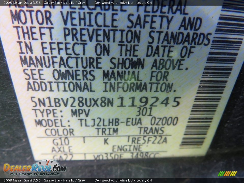 2008 Nissan Quest 3.5 S Galaxy Black Metallic / Gray Photo #26