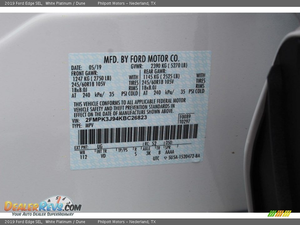 2019 Ford Edge SEL White Platinum / Dune Photo #23