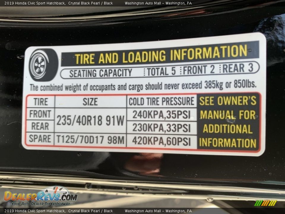 2019 Honda Civic Sport Hatchback Crystal Black Pearl / Black Photo #8