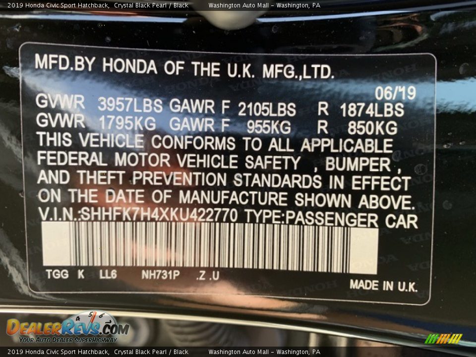 2019 Honda Civic Sport Hatchback Crystal Black Pearl / Black Photo #9