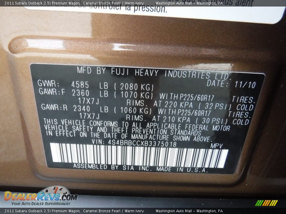 2011 Subaru Outback 2.5i Premium Wagon Caramel Bronze Pearl / Warm Ivory Photo #26