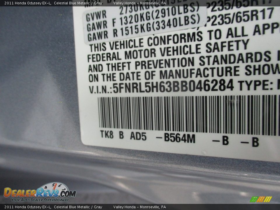 2011 Honda Odyssey EX-L Celestial Blue Metallic / Gray Photo #19