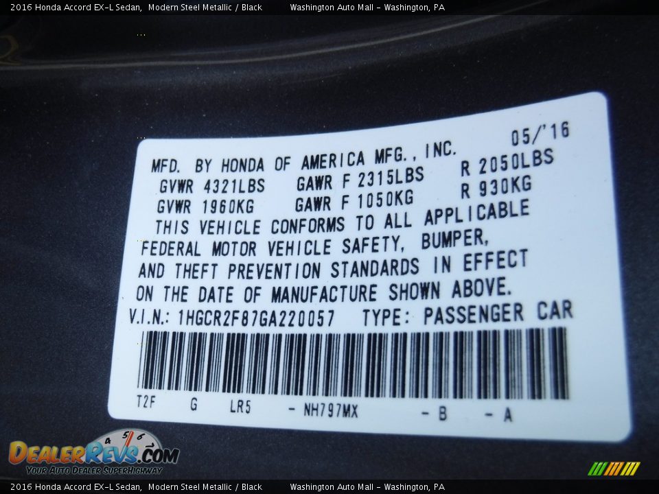 2016 Honda Accord EX-L Sedan Modern Steel Metallic / Black Photo #27