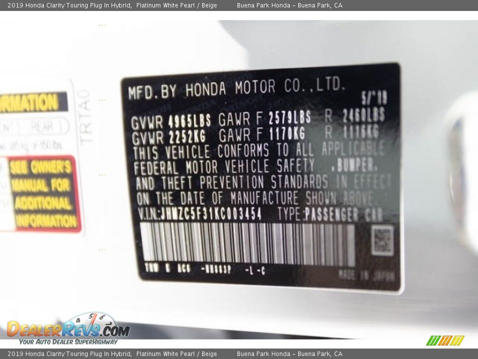 2019 Honda Clarity Touring Plug In Hybrid Platinum White Pearl / Beige Photo #32