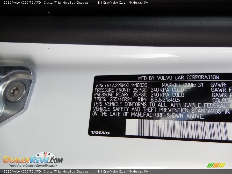 2020 Volvo XC60 T6 AWD Crystal White Metallic / Charcoal Photo #11