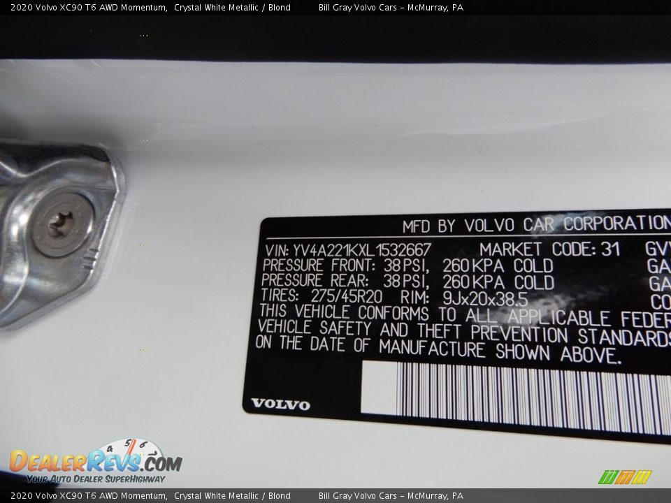 2020 Volvo XC90 T6 AWD Momentum Crystal White Metallic / Blond Photo #11