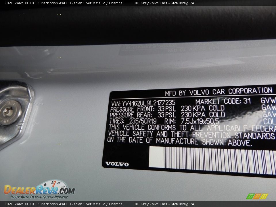 2020 Volvo XC40 T5 Inscription AWD Glacier Silver Metallic / Charcoal Photo #11