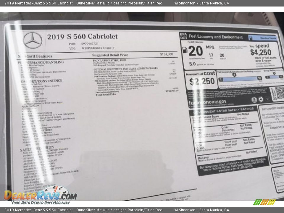 2019 Mercedes-Benz S S 560 Cabriolet Window Sticker Photo #10