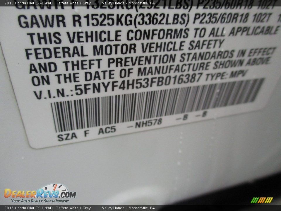 2015 Honda Pilot EX-L 4WD Taffeta White / Gray Photo #19