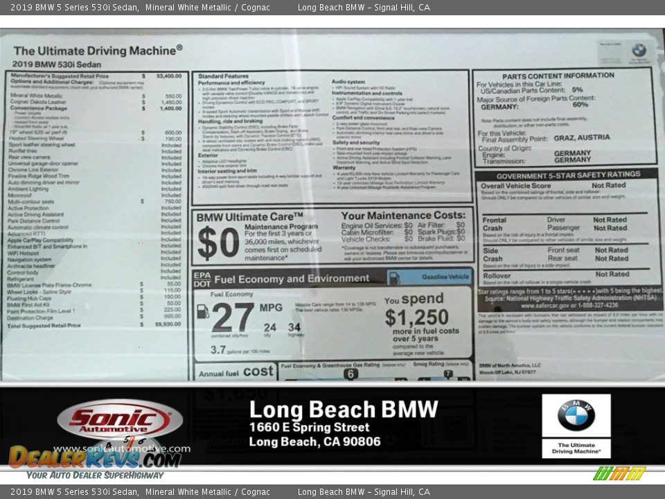 2019 BMW 5 Series 530i Sedan Mineral White Metallic / Cognac Photo #11