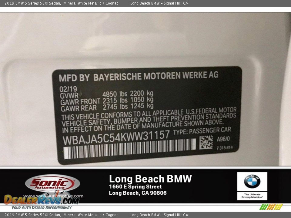 2019 BMW 5 Series 530i Sedan Mineral White Metallic / Cognac Photo #12