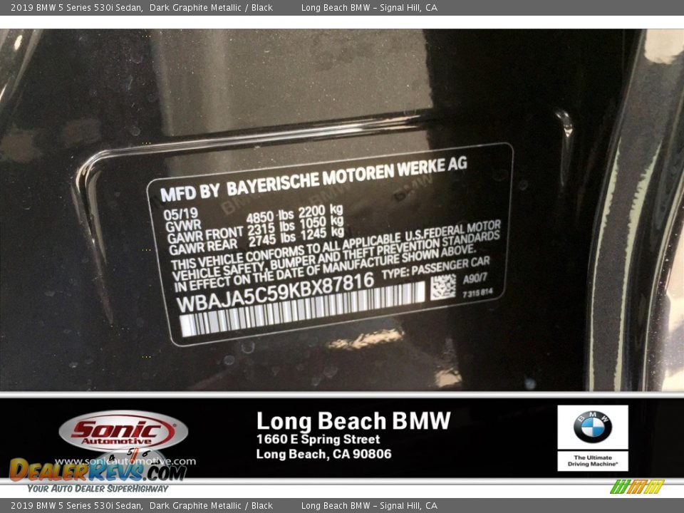 2019 BMW 5 Series 530i Sedan Dark Graphite Metallic / Black Photo #12