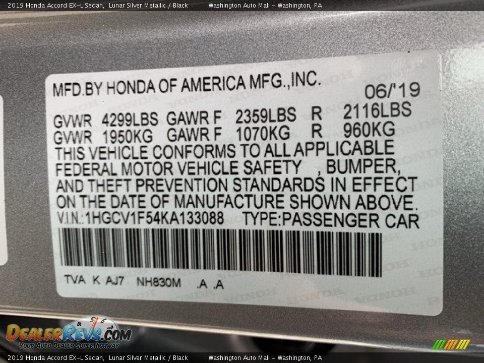 2019 Honda Accord EX-L Sedan Lunar Silver Metallic / Black Photo #9