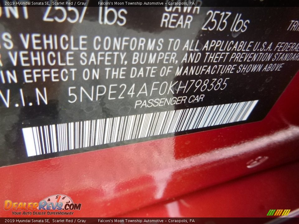 2019 Hyundai Sonata SE Scarlet Red / Gray Photo #12