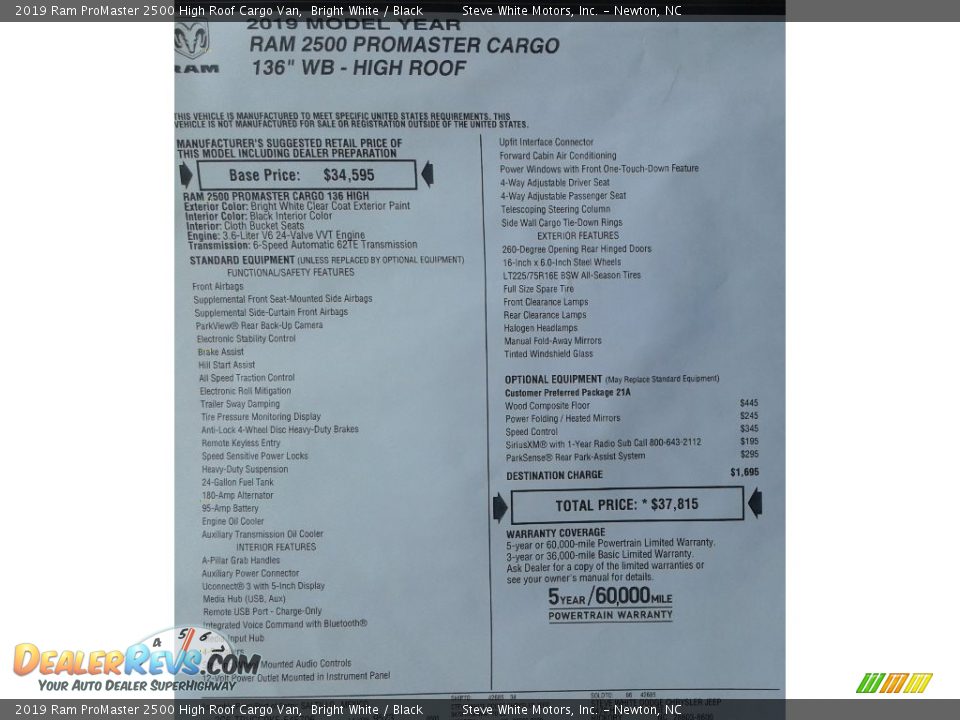 2019 Ram ProMaster 2500 High Roof Cargo Van Bright White / Black Photo #27