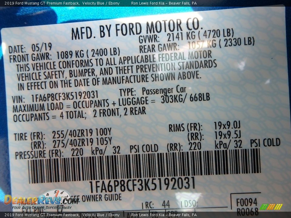 2019 Ford Mustang GT Premium Fastback Velocity Blue / Ebony Photo #15