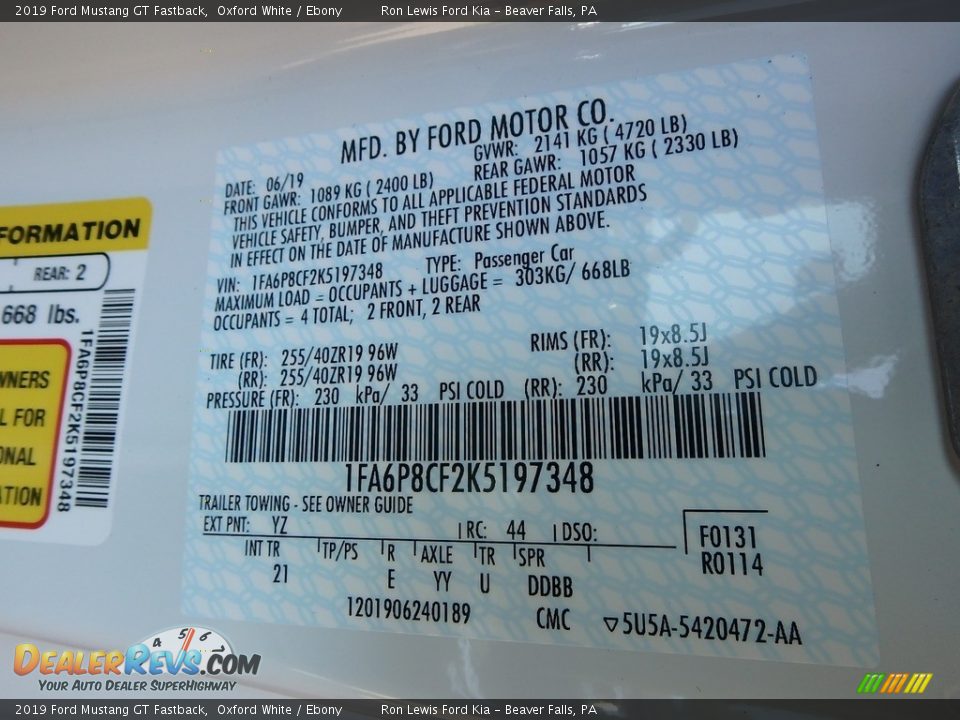 2019 Ford Mustang GT Fastback Oxford White / Ebony Photo #15