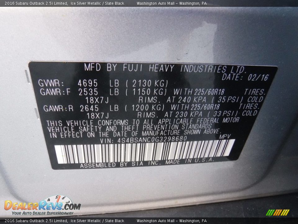 2016 Subaru Outback 2.5i Limited Ice Silver Metallic / Slate Black Photo #29