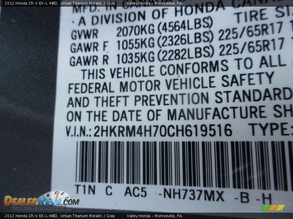 2012 Honda CR-V EX-L 4WD Urban Titanium Metallic / Gray Photo #19